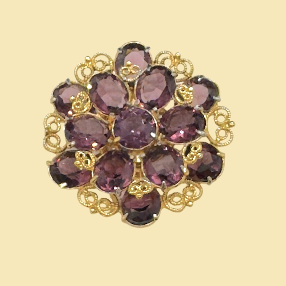 Vintage Purple Glass Stone & Gold Tone Heart Scroll Brooch